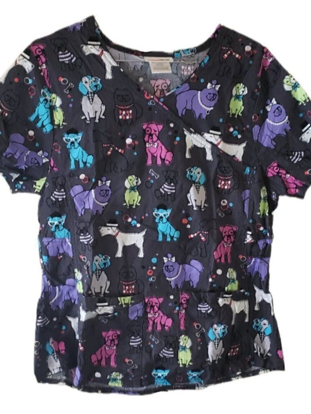 ScrubStar Dark Gray Multi-Color Cute Dogs Short Sleeve Scrub Top